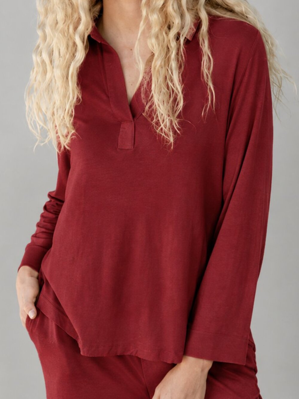 3XL Cozy Earth Women's Bamboo Long-Sleeve Polo - Pomegranate - NWT